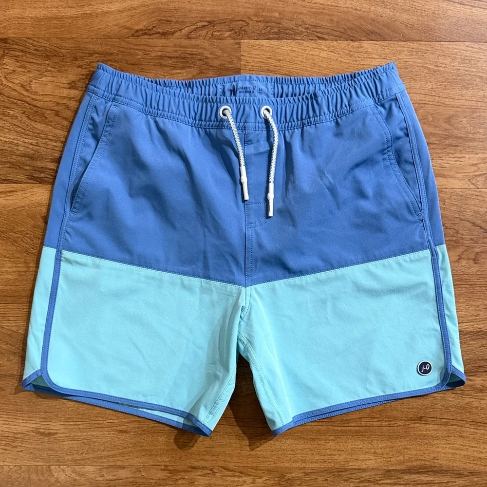 Johnnie-O Tully Monsoon Boys Sz 16 Color‎ Block Teal Lined Swim Trunks Waist Tie